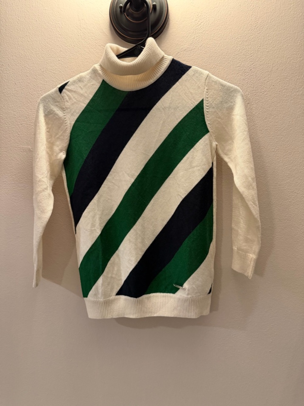 Nicholas & Bears Kids Green Navy Cream Diagonal Stripe Turtleneck Sweater 8Y